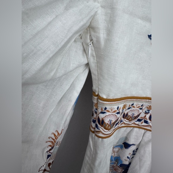 Farm Rio Mystic Blue Lotus Placed Print Long Sleeve Linen Blend Maxi Dress - Picture 16 of 16